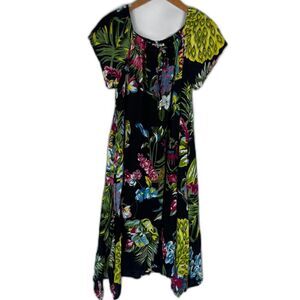 ASHA Black Floral Tropical Print Short Sleeve Asymmetrical Summer Dress Size LG